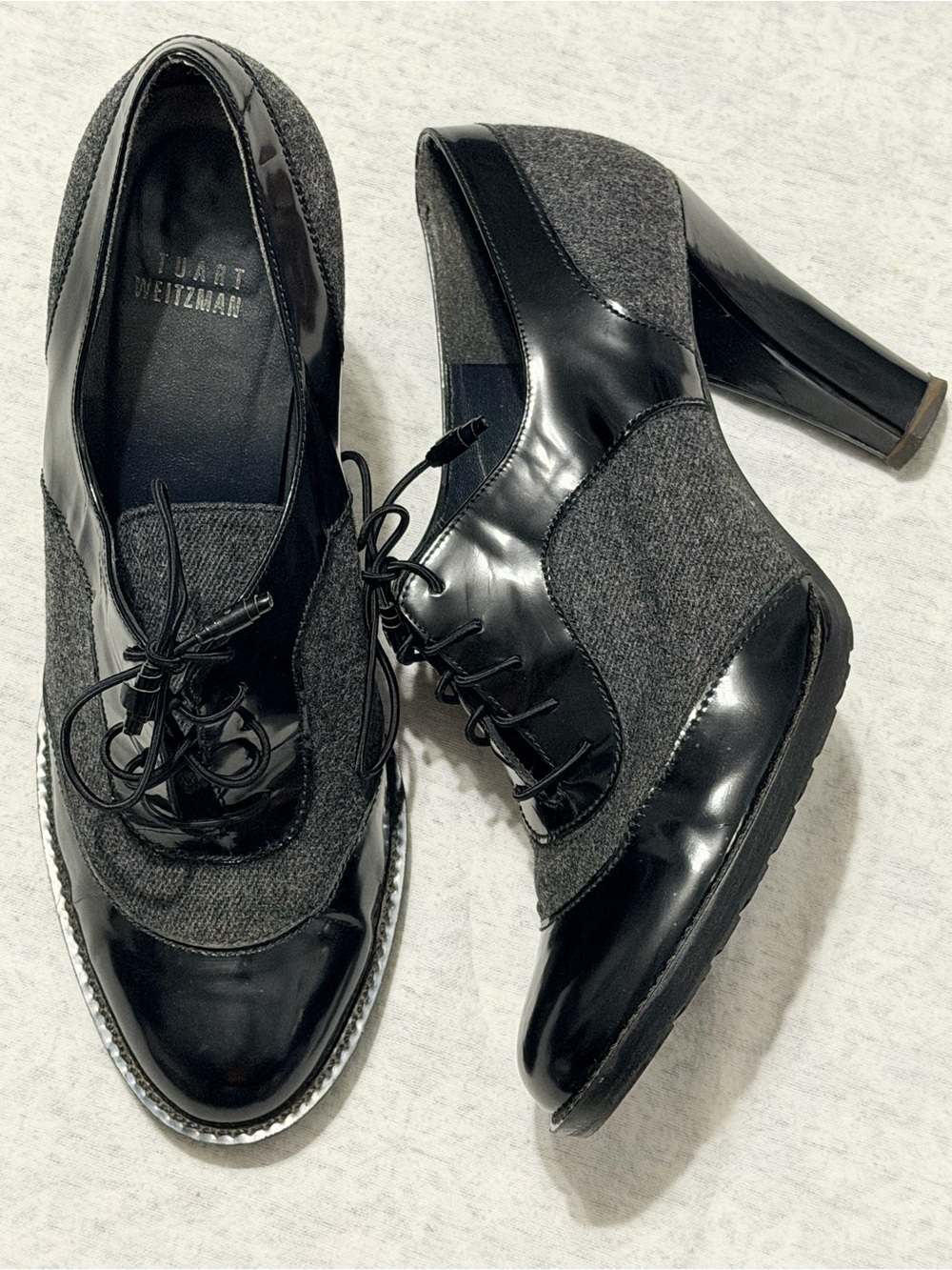 Stuart Weitzman Grey Wool & Patent Leather Oxford Platform
Heels Pumps EW71566 9